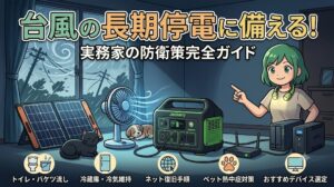 台風による長期停電対策をテーマにしたブログ記事のアイキャッチ画像。上部には「台風の長期停電に備える！実務家の防衛策完全ガイド」という太く大きな日本語のキャッチコピーが配置されています。背景は台風の暴風雨で電柱が傾いている窓の外の様子と、薄暗い室内のコントラストが描かれています。室内には、大容量ポータブル電源、ソーラーパネル、DCモーター扇風機、PC用のUPS（無停電電源装置）やルーターなどの防災デバイスが並び、ネックライトを首にかけた緑髪の女性キャラクターがそれらを指差しています。手前には犬と猫が涼んでいる様子が描かれ、画像最下部には「トイレ・バケツ流し」「冷蔵庫・冷気維持」「ネット復旧手順」「ペット熱中症対策」「おすすめデバイス選定」という各対策を示すアイコンとラベルが並んでいます。