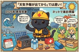 2026年のエルニーニョ現象とスーパー台風の脅威（左側の暗く荒れた天気、カレンダー、台風）と、それに対する事前の防災グッズの備蓄（右側の明るい天気、整然と並んだポータブル電源、保存水、防災リュック、笑顔の女の子たちと黒猫専門家）を対比させたベクトルイラストのアイキャッチ画像。上部に「「天気予報が出てから」では遅い！」、左側に「2026年 異常気象 & エルニーニョ」、右側に「今のうちにネットで備蓄！」と「神防災アイテム5選」のテキスト。