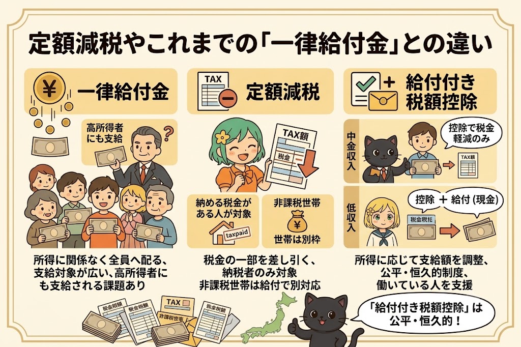 定額減税

納める税金がある人が対象です。非課税世帯は別枠での給付対応となります。

一律給付金

所得に関係なく配るため、高所得者にも支給されてしまう課題があります。

給付付き税額控除

所得に応じて支給額が調整される、公平で恒久的な制度として設計されます。