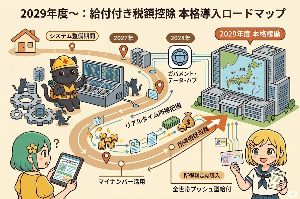 2029年度〜：本格導入へのロードマップ

2029年度からは、いよいよ本格的な給付付き税額控除がスタートします。
実現には「ガバメント・データ・ハブ」などの大規模なシステム整備が必要です。
マイナンバーを活用し、リアルタイムで所得を把握する基盤が構築されます。