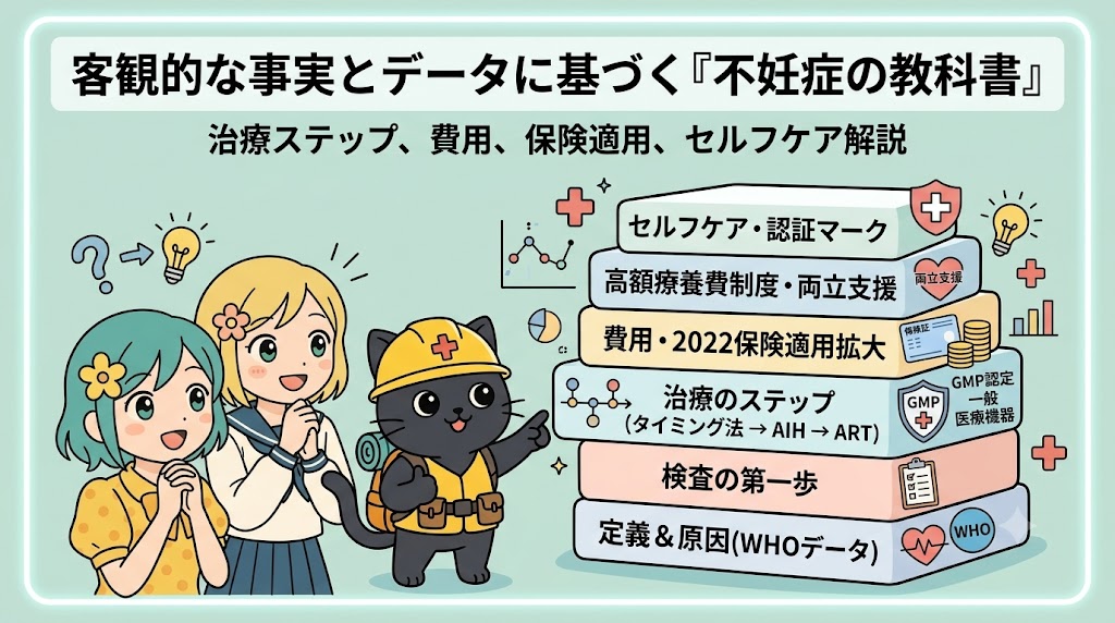 客観的な事実とデータに基づく「不妊症の教科書」のアイキャッチ画像。明るい背景に、アニメ調の2人の女性とヘルメットをかぶった黒猫が、不妊治療のステップや費用、保険適用などを解説するカラフルなテキストブロックとアイコンに囲まれている。全体に柔らかく親しみやすい雰囲気。