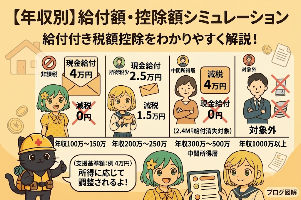 【年収別・所得税額別イメージ】給付額・控除額のシミュレーション

政府内で議論されている「支援基準額（例：4万円）」をモデルに、年収や所得税額に応じた具体的な給付額と減税額のイメージを解説します。

年収100万〜150万円程度（非課税・低所得層）

所得税額：0円
【結果】減税 0円 ＋ 現金給付 4万円
納める税金がないため、支援基準額の全額がそのまま現金で口座へ給付されます。

年収200万〜250万円程度（所得税が少ない層）

所得税額：例 1.5万円
【結果】減税 1.5万円 ＋ 現金給付 2.5万円
納める税金分が全額ゼロ（減税）になり、引ききれなかった2.5万円が現金で給付されます。

年収300万〜500万円程度（中間所得層）

所得税額：4万円以上
【結果】減税 4万円 ＋ 現金給付 0円
納める税金が4万円以上あるため、現金給付はありませんが4万円分の減税メリットをフルに受けることができます。

**【注意】** 2026年7月時点の協議では、この所得層は**「給付消失ライン（年収約240万円）」を超えているため、減税・給付ともに**対象外となる可能性が高いです。
もし制度が「一律4万円控除」で設計された場合のみ、4万円分の減税メリットを受けられますが、現状の「低所得・働いている人優先」の設計方針では、支援が届かない層となる見込みです。

年収1000万円以上（高所得層）

所得税額：高額
【結果】減税 0円（段階的消失） ＋ 現金給付 0円
一定の年収上限を超えるため、所得制限により税額控除・給付ともに支給対象外（消失）となります。