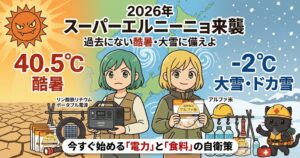 2026年のスーパーエルニーニョ現象による「酷暑」と「大雪」の脅威、および家庭でできる「電力（ポータブル電源）」と「食料（アルファ米）」の自衛策を解説するブログのアイキャッチ画像。左側には炎天下とひび割れた大地、右側には雪景色が描かれ、中央の2人の女の子と右下の防災用ヘルメットをかぶった黒猫のキャラクターが備蓄品を持って対策を呼びかけているイラスト。