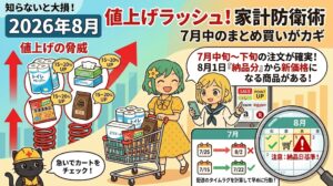2026年8月の値上げラッシュ対策を解説するブログのアイキャッチ画像。「家計防衛術 7月中のまとめ買いがカギ」という文字とともに、カートにトイレットペーパーや冷凍食品をまとめ買いする女性、スマホで通販サイトをチェックする女の子、ヘルメットをかぶった黒猫のイラスト。15〜20%の値上げ率や、8月1日納品分から新価格になるカレンダーの注意書きが描かれています。