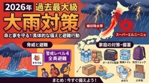 2026年の過去最大級の大雨対策を解説するアイキャッチ画像。線状降水帯やスーパーエルニーニョの脅威、警戒レベル4での全員避難、ポータブル電源や簡易トイレなどの防災備蓄品、水のうや止水板による家庭の水害対策イラストが網羅されています。