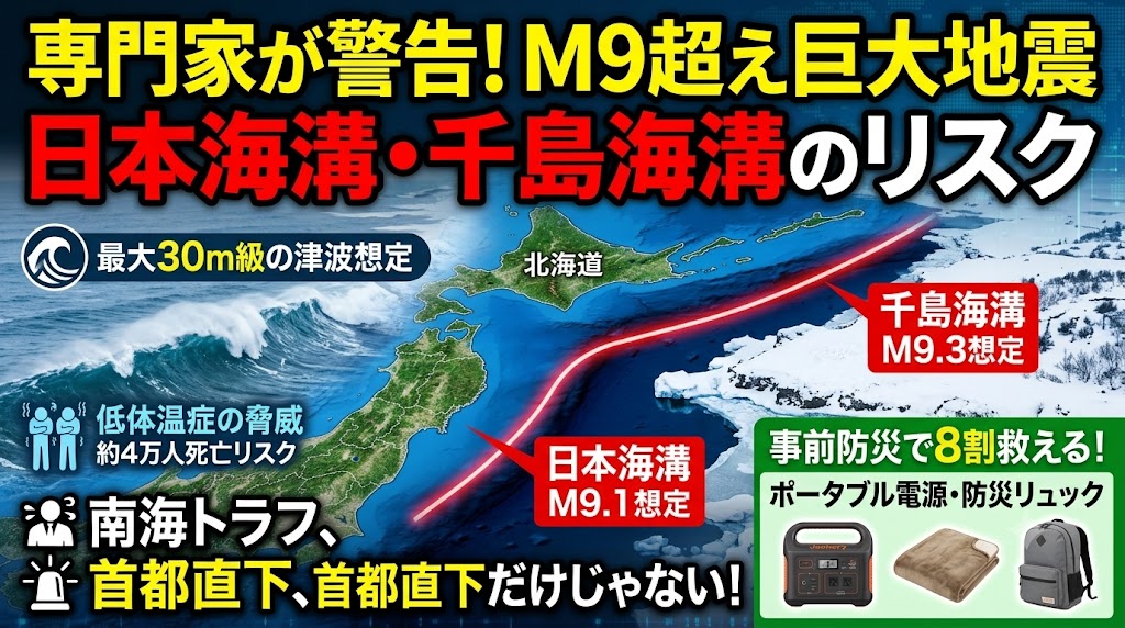 日本海溝と千島海溝を走る赤い震源域のラインが強調された日本地図のイラスト。上部には「専門家が警告！M9超え巨大地震 日本海溝・千島海溝のリスク」という大きな黄色のキャッチコピー。左側には巨大な津波が押し寄せる海の画像と「最大30m級の津波想定」「低体温症の脅威 約4万人死亡リスク」の文字。右下には雪景色の背景とともに「事前防災で8割救える！」の文字があり、ポータブル電源、電気毛布、防災リュックのイラストが並んでいる。下部には「南海トラフ、首都直下だけじゃない！」という警告メッセージが記載されている。