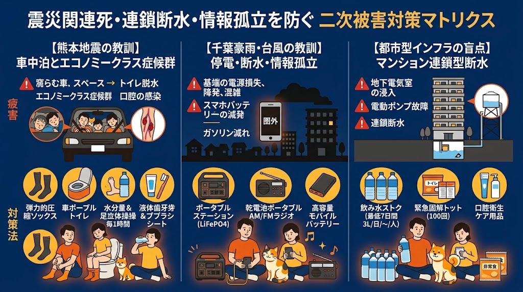 【図解】震災関連死・連鎖断水・情報孤立を防ぐ二次被害対策マトリクス