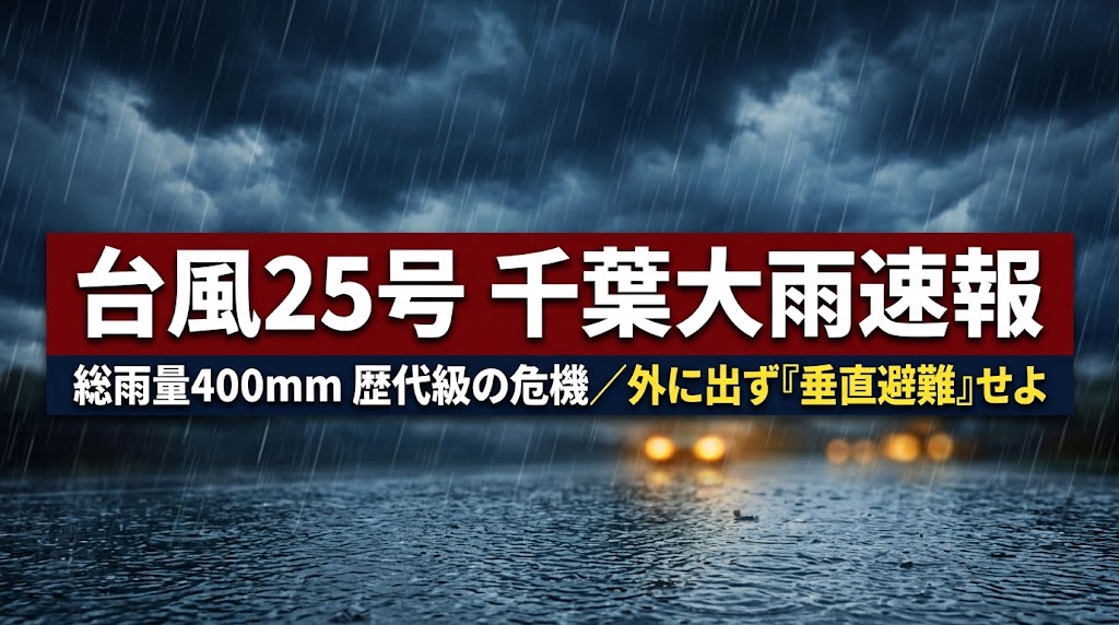 台風25号に伴う千葉県の大雨冠水と歴代級雨量に対する緊急安全確保・垂直避難を呼びかけるアイキャッチ画像