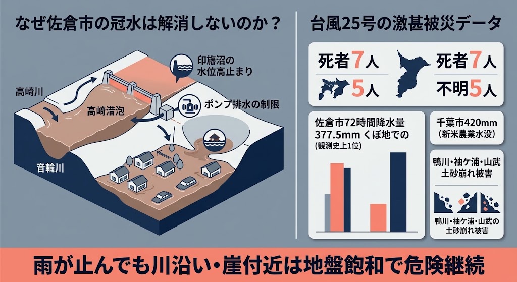 佐倉市高崎川氾濫の長期冠水メカニズムと千葉・神奈川の台風25号被害総括マップ図解インフォグラフィック