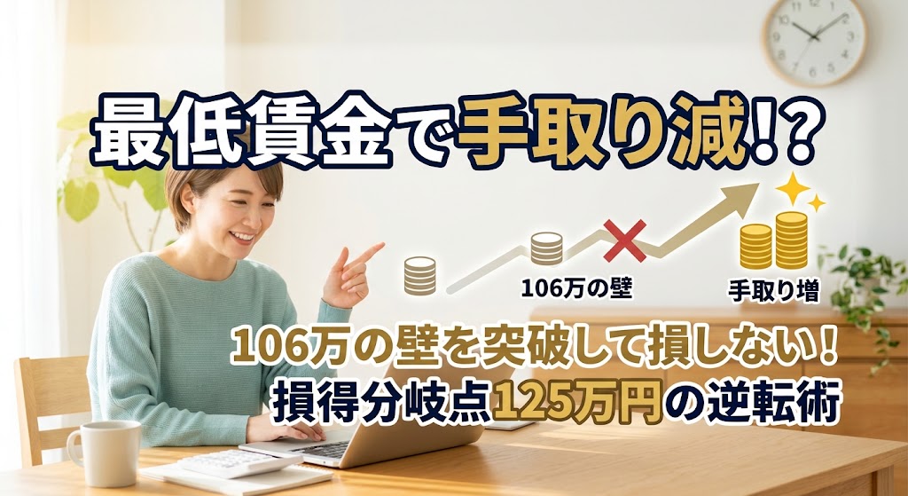 最低賃金引き上げによるパート手取り減と106万の壁・125万逆転術を解説するアイキャッチ画像