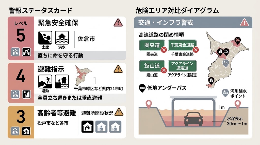 千葉県内の台風25号に伴う大雨警報・避難指示発令状況と危険道路・アンダーパス冠水回避マップの図解インフォグラフィック