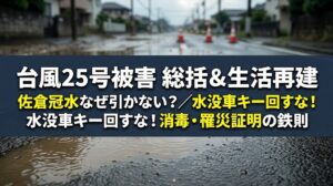 台風25号通過後の佐倉市高崎川氾濫による冠水長期化、水没車のエンジン始動NG、正しい被災家屋の清掃消毒と罹災証明書申請を促すアイキャッチ画像