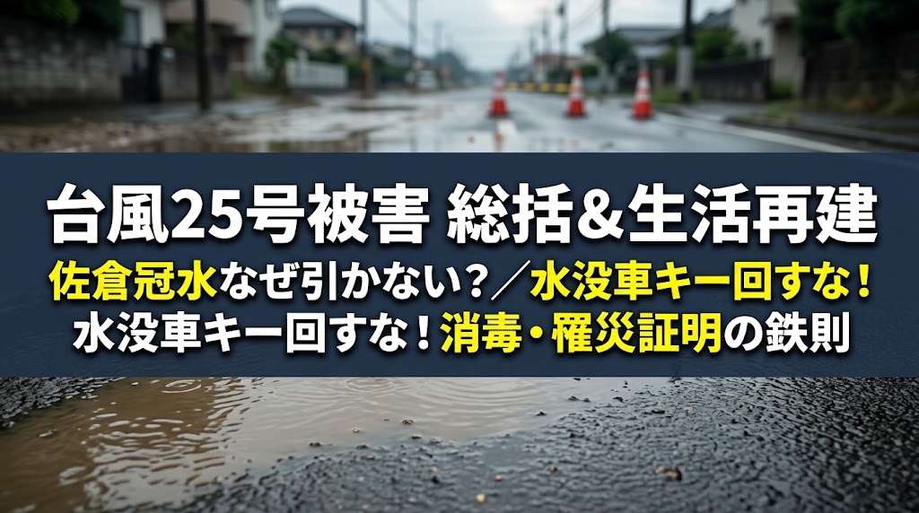 台風25号通過後の佐倉市高崎川氾濫による冠水長期化、水没車のエンジン始動NG、正しい被災家屋の清掃消毒と罹災証明書申請を促すアイキャッチ画像