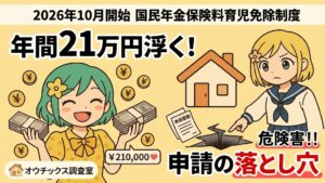 2026年10月開始の国民年金保険料育児免除制度について、年間21万円浮くメリットと申請の落とし穴を解説するオウチックス調査室のアイキャッチ画像