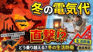 サウジアラビア首都空港攻撃と報復宣言による中東緊迫化、冬の電気代・光熱費高騰への生活防衛を解説するアイキャッチ画像