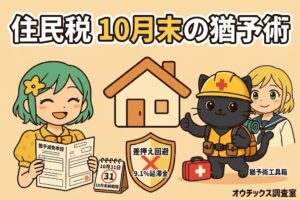 住民税10月末納期限に払えないときの延滞金9.1%防止と差押え回避の猶予減免申請術を解説するオウチックス調査室のアイキャッチ画像