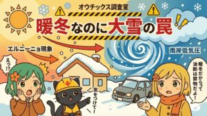 スーパーエルニーニョによる暖冬と南岸低気圧大雪の危険性を解説するオウチックス調査室のアイキャッチ画像