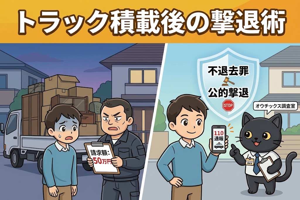 不用品回収トラックに家財を積まれた後の高額請求トラブルに対し、110番通報や不退去罪を活用した公的撃退術と防犯自衛を解説するオウチックス調査室のアイキャッチ画像